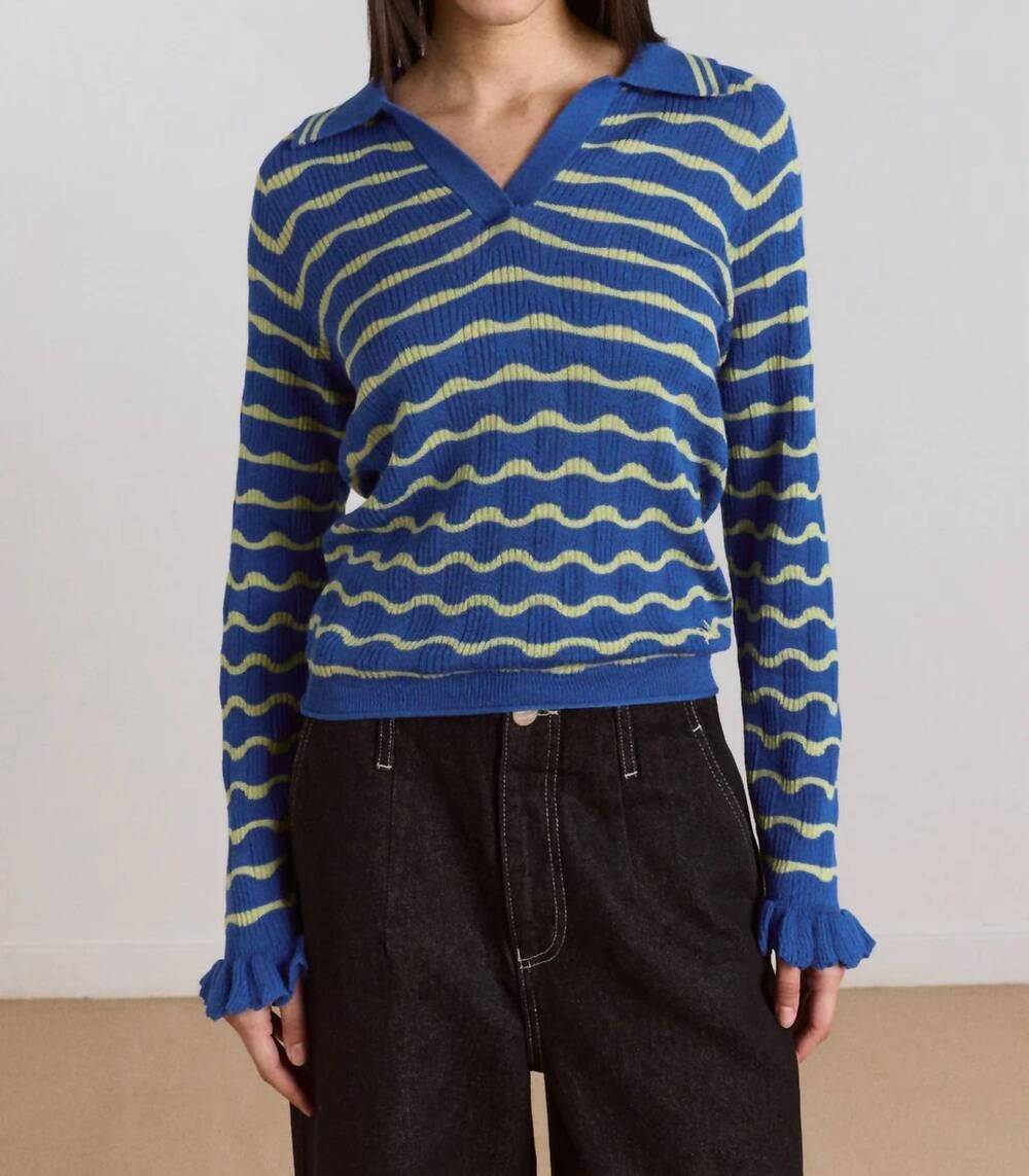 NEW DAMSON MADDER silvia knitted stripe polo sweater in blue mint